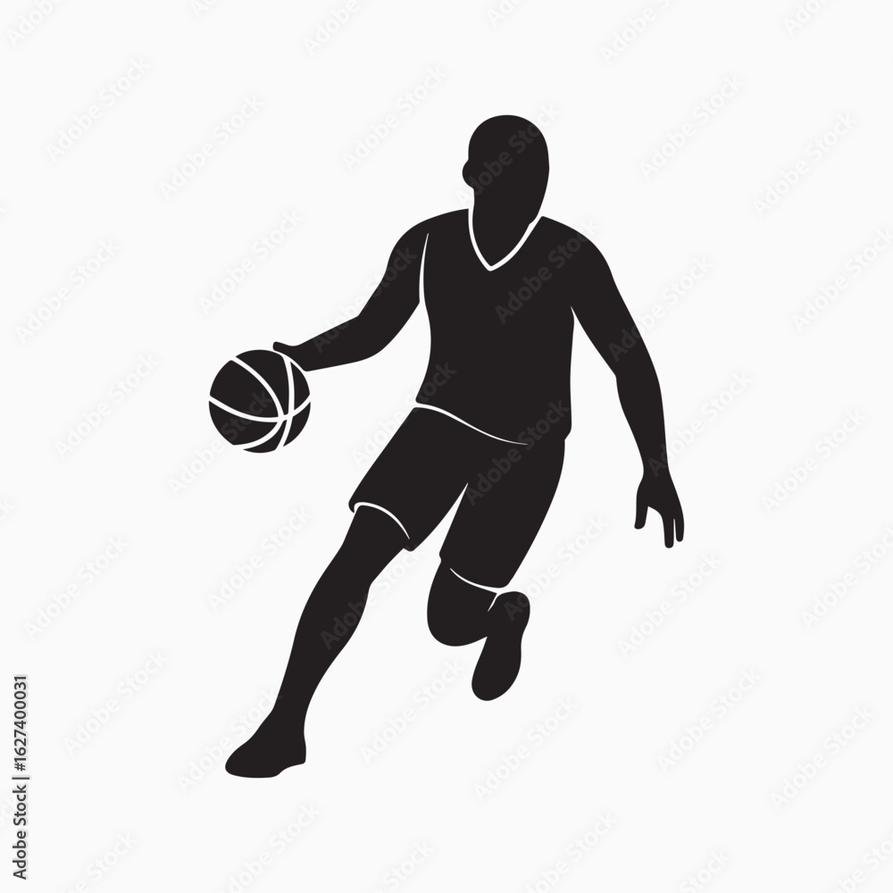 Fototapeta premium Silhouette of a basketball player dribbling a ball isolated on white background