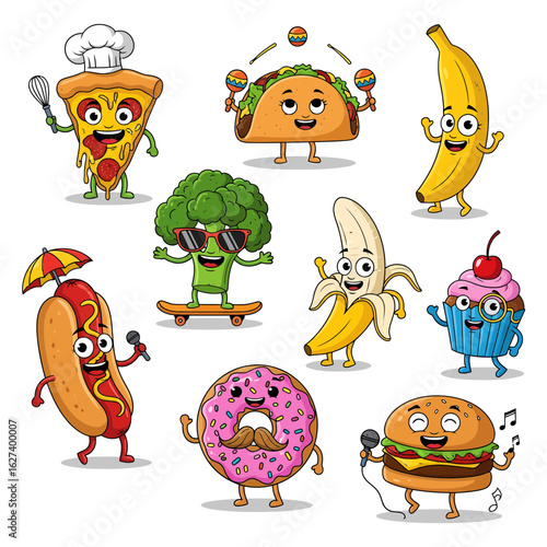 A collection of cute and funny cartoon food characters with faces and arms