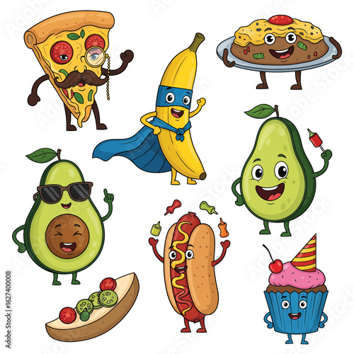 Cartoon food characters, smiling pizza, banana superhero, happy avocado, hot dog, cupcake, for social media, website, or advertising