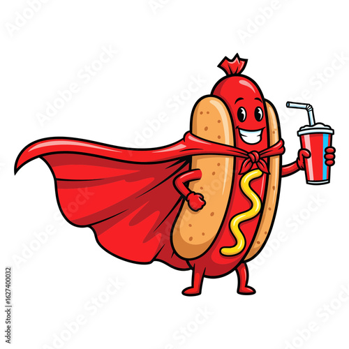 Cartoon hot dog superhero wearing red cape, holding soda cup, smiling, vector illustration for food marketing or advertising