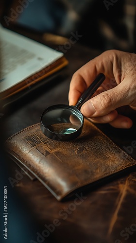 Man Examining Leather Wallet with Magnifying Glass