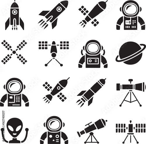 Space Exploration Solid Icons – Rockets, Satellites, Astronauts, Telescopes, and Alien Symbols