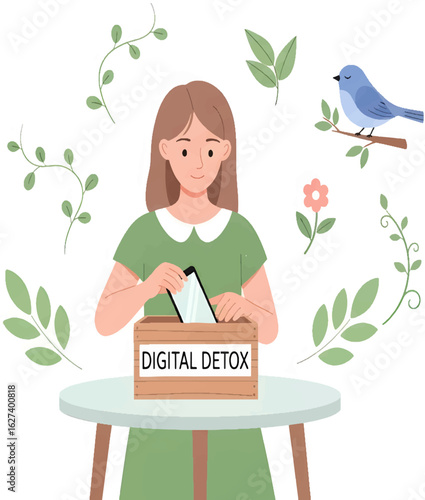 Illustration of a woman engaging in a digital detox, putting her phone away to embrace nature and mental well-being.