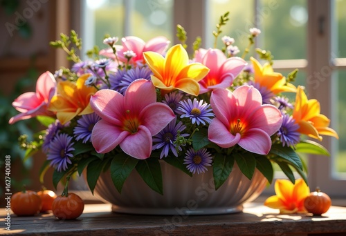 Wallpaper Mural vibrant floral arrangements sunlight beauty colorful blooms radiant petals lush greenery floral display nature calm atmosphere, garden, botanical, pink, yellow Torontodigital.ca