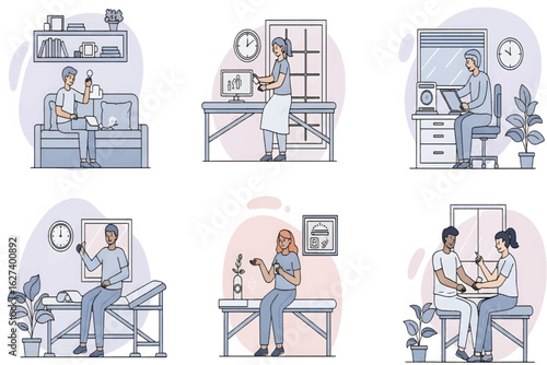 A set of outline illustrations showing patients performing a blood glucose test at home and in a medical clinic for diabetes care.