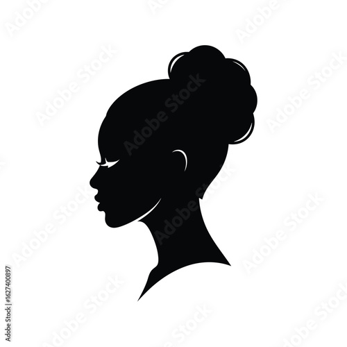 Vector art of silhouette of a woman with her hair in a bun, profile view