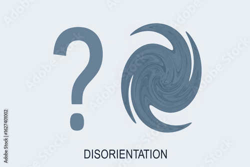 Conceptual vector illustration of disorientation, showing a question mark and a spiral vortex symbolizing confusion and dizziness.
