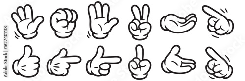 Cartoon Hands Vector Illustration Set: Expressive White Glove Gestures, Pointing, Waving, Victory Sign, and Cupped Hand Collection for Diverse Design Projects