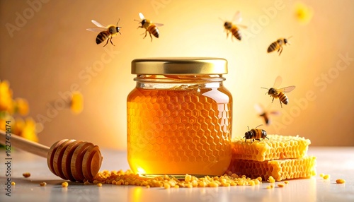 a jar organic honey with honeycomb and bees Natural sweetness label
