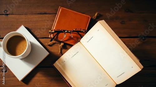 A cozy scene unfolds a steaming cup of coffee rests near open books on rustic wooden planks inviting relaxation and peaceful contemplation