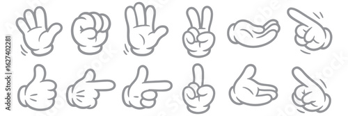 Cartoon Hands Vector Illustration Set: Expressive White Glove Gestures, Pointing, Waving, Victory Sign, and Cupped Hand Collection for Diverse Design Projects