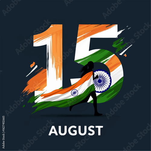 A woman runs swiftly, draped in the Indian flag against a bold graphic "15 August" backdrop, celebrating independence with energetic motion.