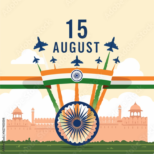 Air Force jets perform a flypast over Red Fort, Delhi, India, celebrating Independence Day on August 15th with patriotic fervor.