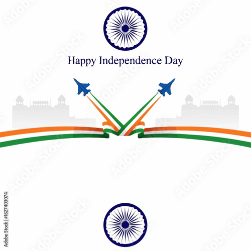 Two fighter jets fly in formation over an Indian cityscape, leaving vibrant trails of the Indian flag colors, celebrating Independence Day.