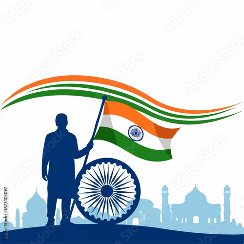 A man proudly holds the Indian flag, Ashoka Chakra at his side, against a backdrop of iconic Indian architecture, symbolizing national pride.