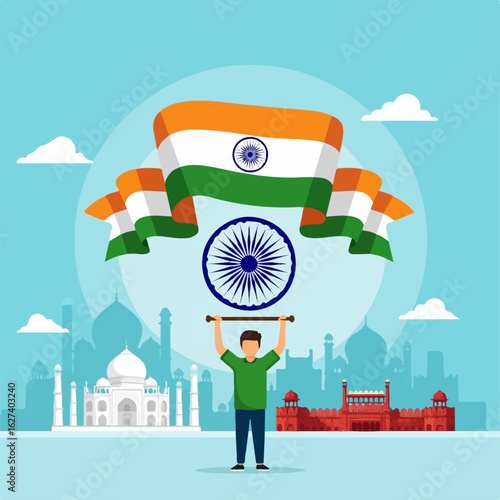 A young man proudly holds aloft the Indian flag against a backdrop of iconic monuments, embodying national pride and patriotic fervor.