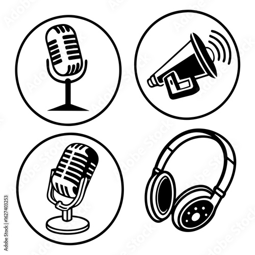 Set of four circular icons featuring microphones a megaphone and headphones representing audio and communication