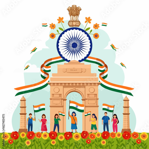 Joyful people celebrate India's Independence Day at India Gate, waving flags amidst vibrant floral displays.