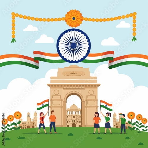 Joyful children celebrate India's Independence Day at India Gate, waving flags under a festive, sunny sky.
