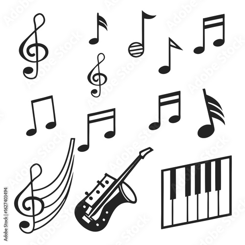 Collection of musical notes treble clefs saxophone and piano keyboard icons isolated on white background