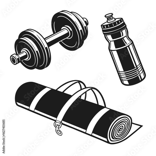 A black and white illustration of fitness equipment including a dumbbell water bottle and rolled up yoga mat with straps