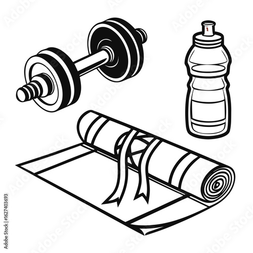 Fitness equipment including a dumbbell rolled yoga mat with straps and water bottle isolated on white background