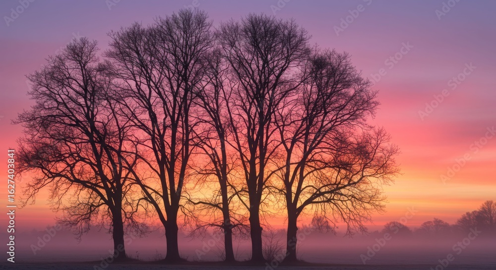 Serene Sunrise: Silhouette Trees in Misty Dawn Serene Sunrise: Silhouette Trees in Misty Dawn