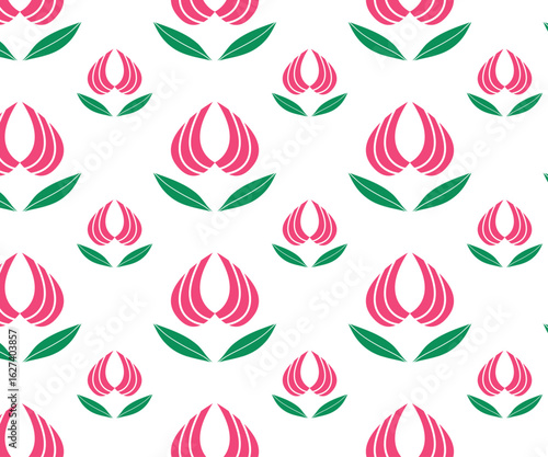 Floral Elegance: A captivating seamless pattern showcases stylized floral design. Each bloom, rendered in vibrant pink and adorned with elegant green leaves.