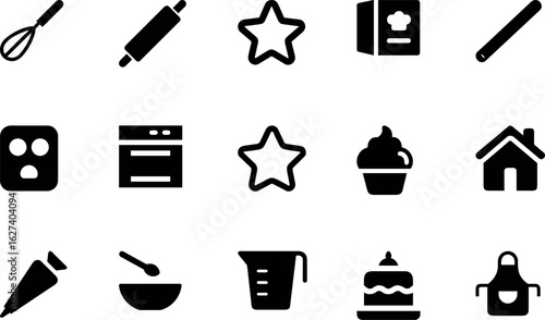 Holiday baking black icon set with cookie, rolling pin, whisk, cupcake, oven, apron, cinnamon, cake, gingerbread, mixing bowl and more