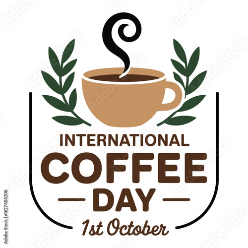 International coffee day badge with cup and leaves on white