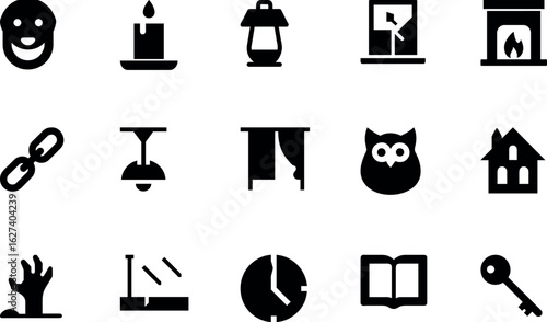 Haunted house black icon set with door, key, candle, owl, clock, chain, book, lantern, hand and more