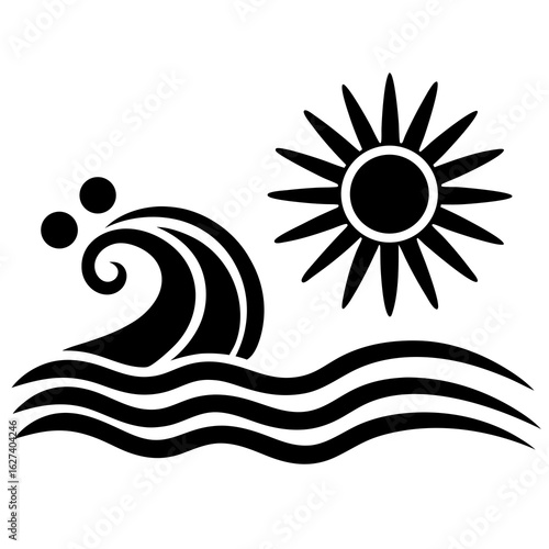 Wallpaper Mural Stylized black and white graphic illustration of a breaking ocean wave with droplets and a sun symbol above Torontodigital.ca