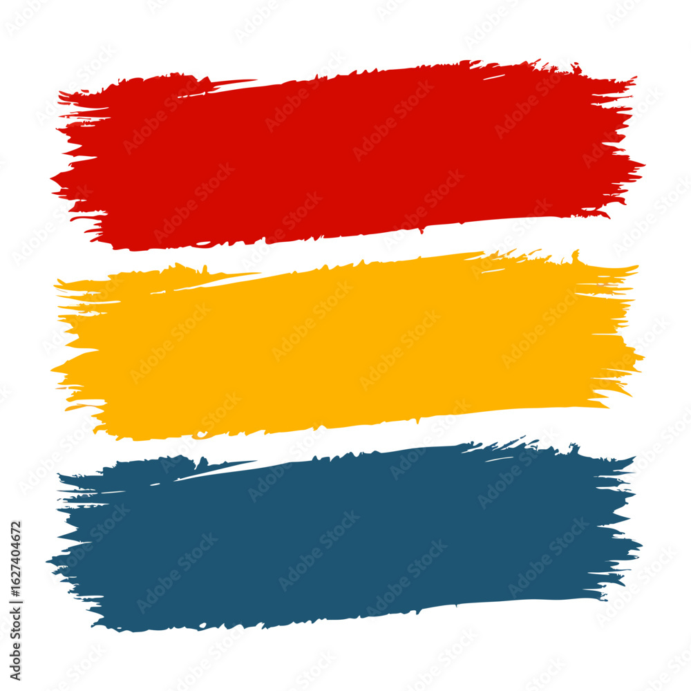 Obraz premium Three horizontal brush strokes in red yellow and blue with textured edges on a white background