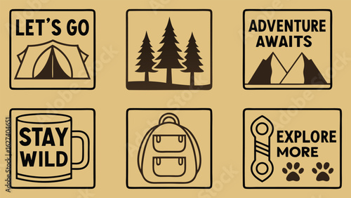 Camping adventure icons with nature elements outdoors