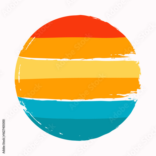 Retro sunset circle with vibrant horizontal stripes and distressed texture on a white background