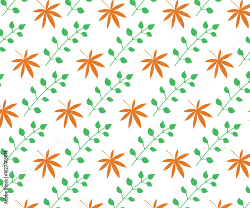Autumn Leaves and Greenery Pattern: A repeating pattern of orange maple leaves and vibrant green branches creates a cheerful and natural design, perfect for textiles, backgrounds.