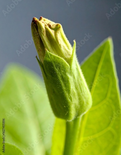 Close-up of a vibrant green flower bud, about to bloom, with surrounding leaves