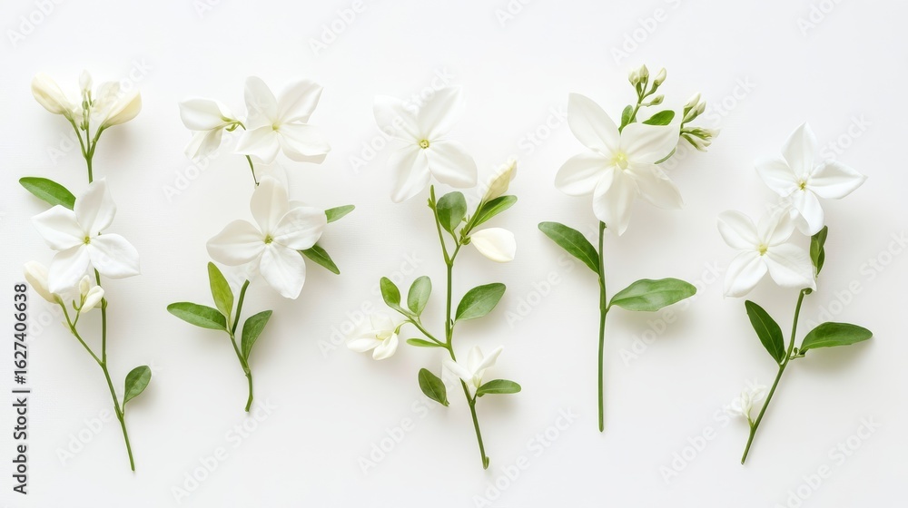 Fototapeta premium 35.A symmetrical arrangement of jasmine blossoms, their white petals contrasted by lush green stems, placed gracefully on a white background, evoking a sense of calm and purity.
