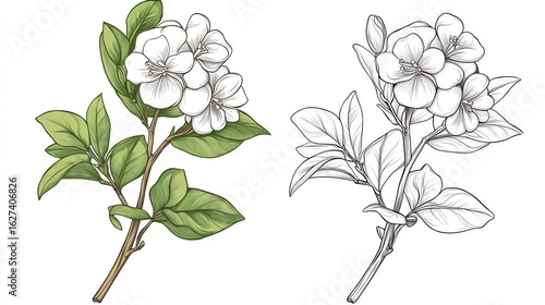 71.A hand-drawn vector stencil of blooming jasmine flowers, with color and monochrome versions, showing the detailed outline of the Philadelphus virginal twig and delicate petals.