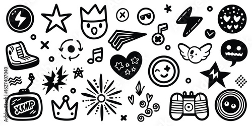 Collection of hand drawn doodle icons representing music gaming and positive emotions