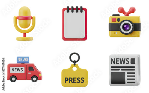 Gathering breaking news with microphone, camera, press pass, van, notebook, and newspaper icons.