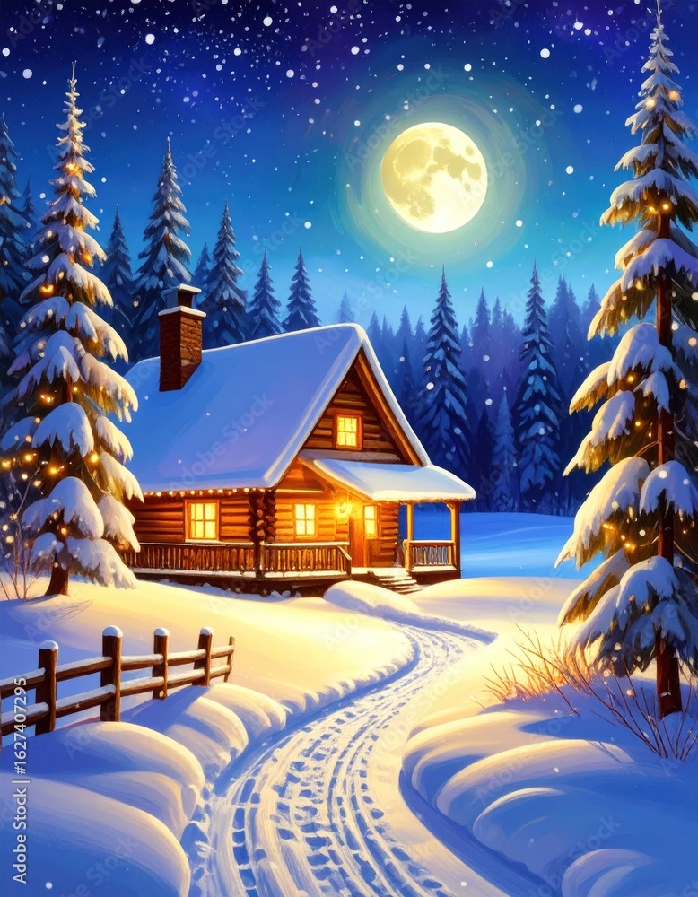 Fototapeta premium Cozy winter cabin in snowy forest at night (6)