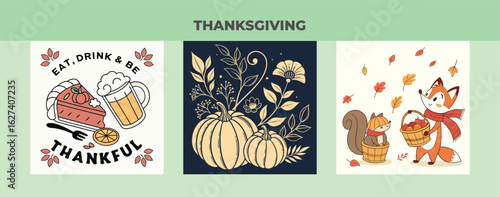 Thanksgiving celebration with autumn leaves and cute animals, perfect for festive invitations and creative seasonal designs for a warm holiday spirit