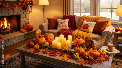 Cozy autumn living room decor ideas with pumpkins candles and fireplace for fall season vibes