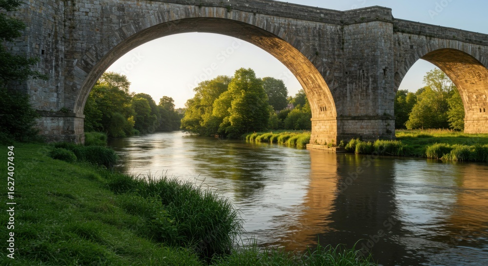 Fototapeta premium Serene River Landscape: Ancient Stone Bridge at Sunset