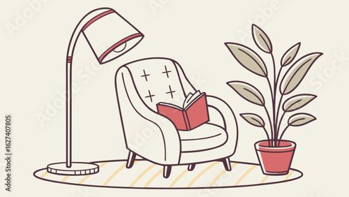 Illustration of a cozy reading nook with armchair, lamp, book and potted plant on a striped rug