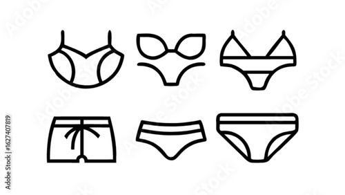 Illustration showing six different types of swimwear including bikinis and swim trunks in black outline