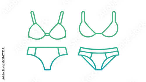 Illustration of two sets of lingerie with bra and panty in green and blue gradient outline style
