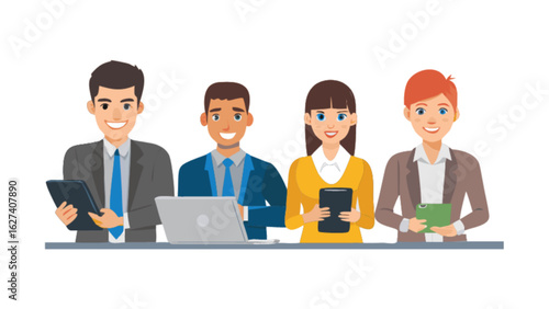 Cartoon depiction of four professional individuals in business attire holding devices and smiling