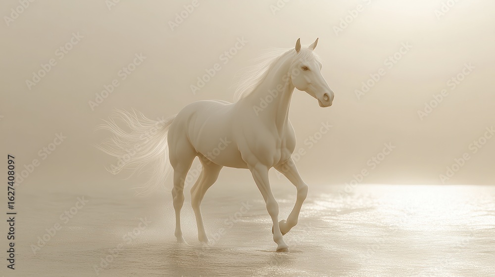 Obraz premium Majestic white horse walking on a beach at sunrise
